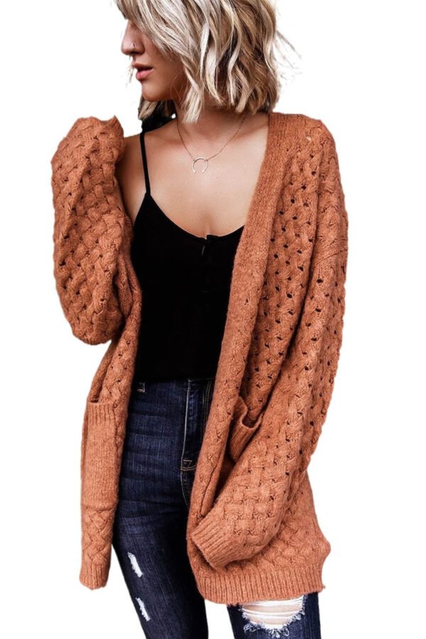 Brown Open Front Woven Texture Knitted Cardigan with Pockets