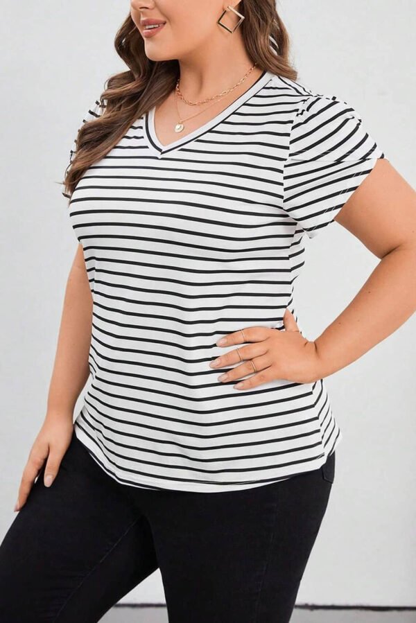 White Stripe V Neck Petal Sleeve Plus Size T-Shirt