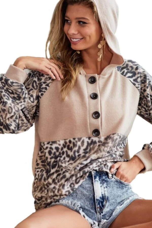 Leopard Print Buttoned Neckline Raglan Sleeve Hoodie