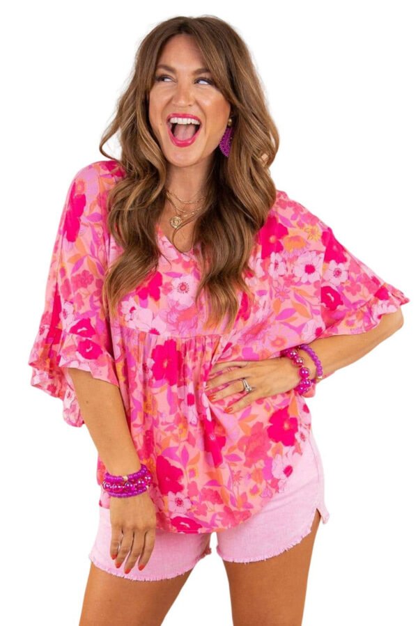 Rose Floral Print Ruffled Half Sleeve Plus Size Babydoll Blouse