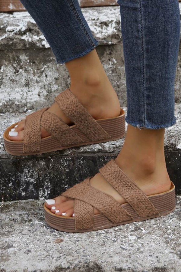 Brown Linen Woven Cross Criss Hollowed Slip-On Slippers