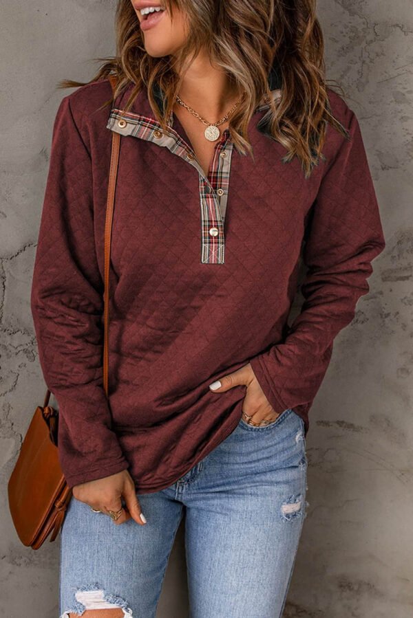 Red Geometric Texture Plaid Trim Sweatshirt