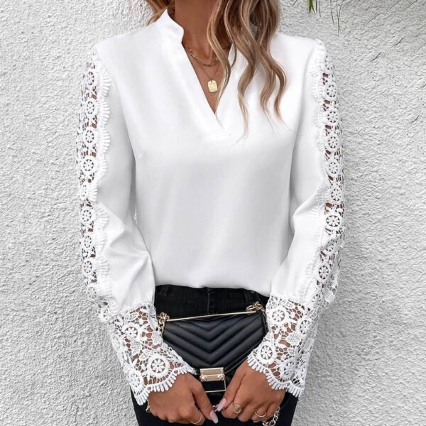 Solid Color Lace V-neck Cardigan Women’s Clothes Shirt