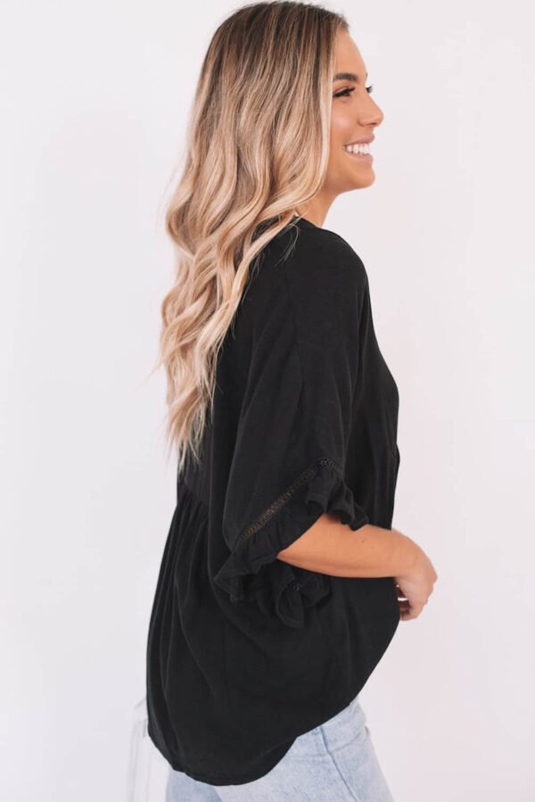 Black Ruffled Lace Detail Loose V Neck Top