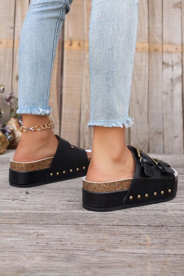 Black Dual Buckle Studded Platform Sandal Slippers