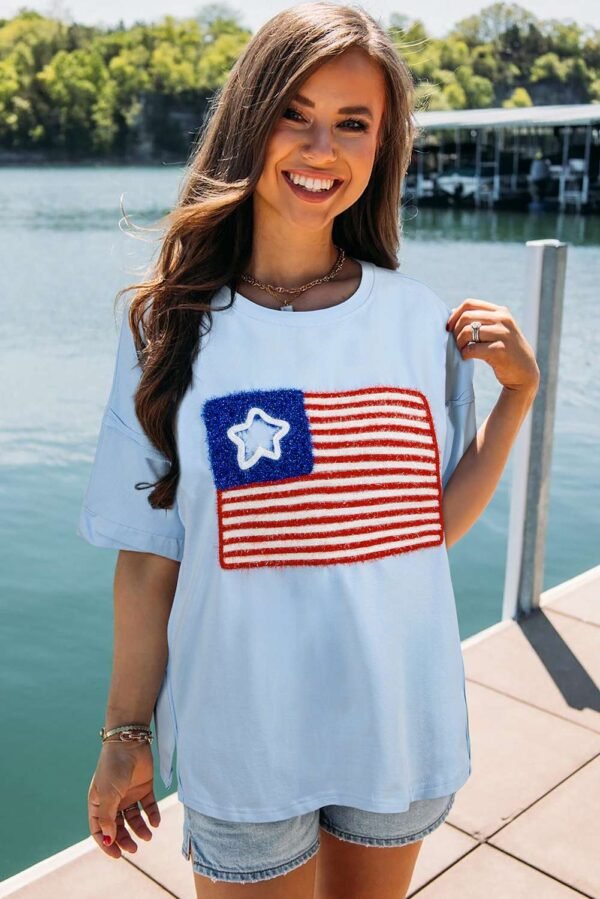 Beau Blue Tinsel American Flag Graphic Drop Shoulder T-shirt