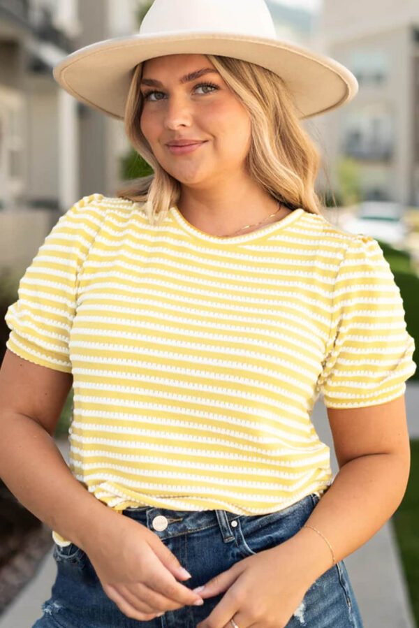 Yellow Stripe Short Puff Sleeve Plus Size Jumper