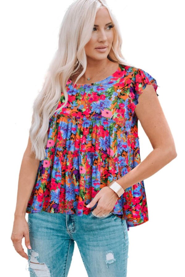 Multicolor Floral Print Ruffle Tiered Short Sleeve Babydoll Top