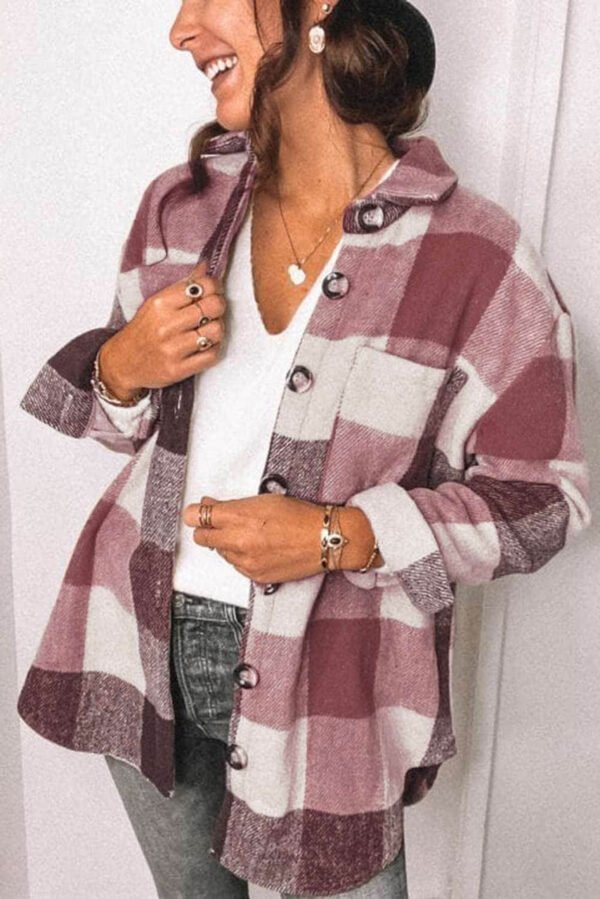 Plaid Color Block Buttoned Long Sleeve Jacket with Pocket