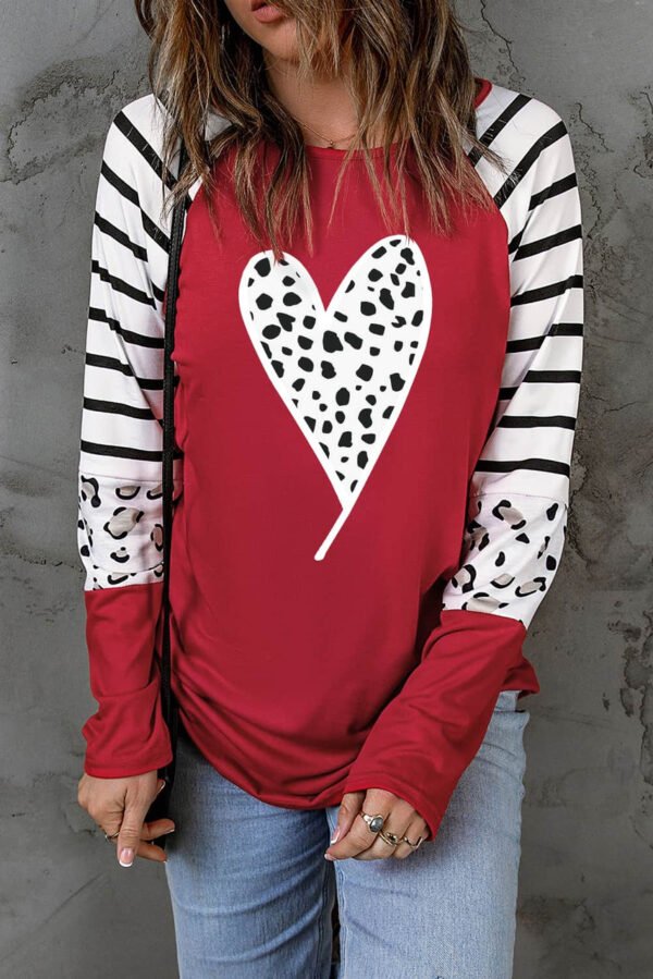 Red Valentines Leopard Heart Print Color Block Long Sleeve Top