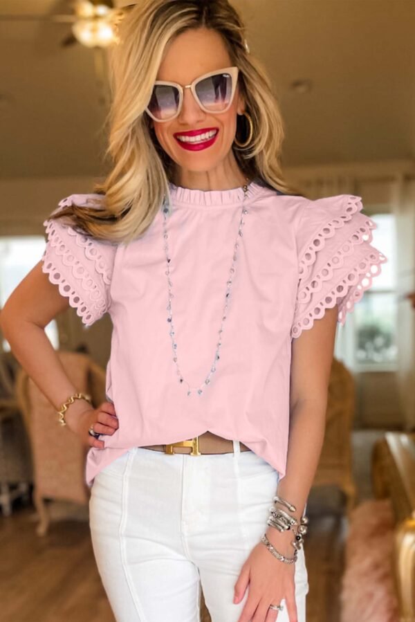 Light Pink Layered Ric Rac Cap Sleeve Frilled Neck Blouse