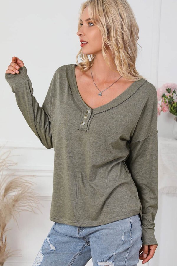 Khaki Long Sleeve V-Neck Stitching Henley Top