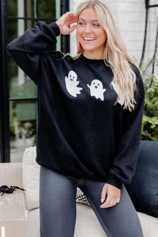 Black Halloween Ghosts Print Round Neck Sweatshirt