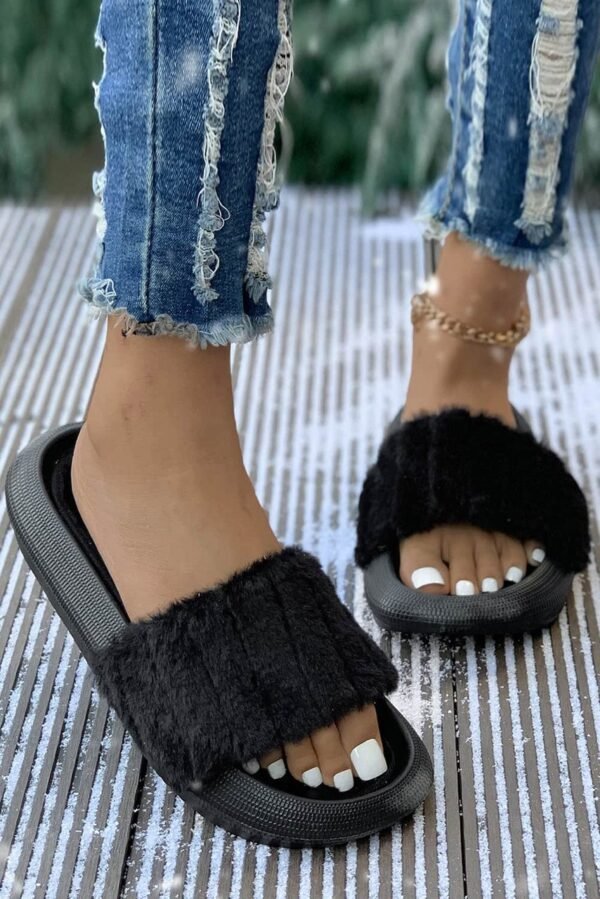 Black Plush Band Comfy Home Slippers