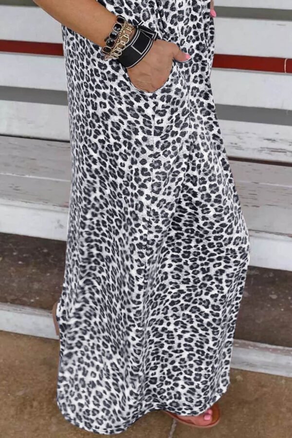 Gray Leopard Patchwork Ribbed Maxi Dress with Pockets