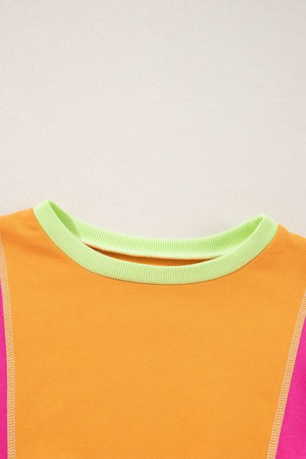 Grapefruit Orange Colorblock Patchwork Exposed Stitching Oversize Top