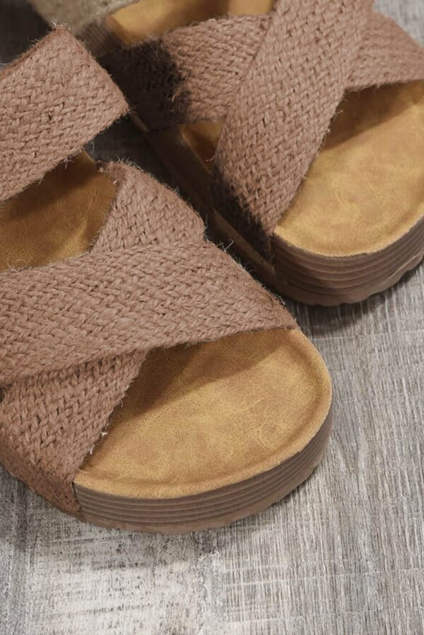 Brown Linen Woven Cross Criss Hollowed Slip-On Slippers