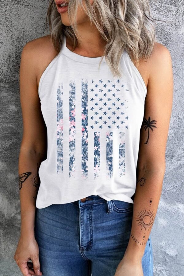 White Floral Detail American Flag Print Graphic Tank Top