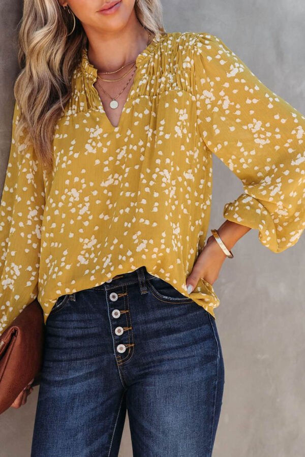 Yellow Split Neck Fall Printed Crinkled Blouse