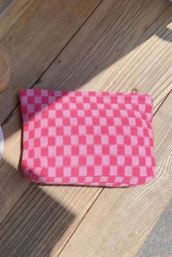 Bright Pink Checkered Print Cosmetic Bag