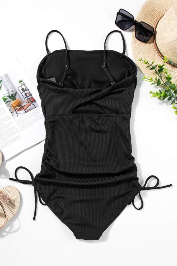 Black Ribbed Drawstring Sides Cutout One Piece Swimsuit