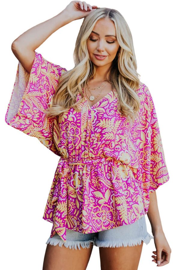 Boho Floral Print Belted Surplice Blouse