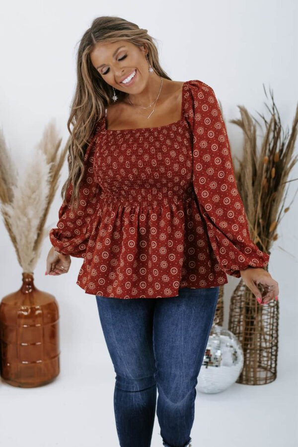 Plus Size Square Neck Printed Peplum Top