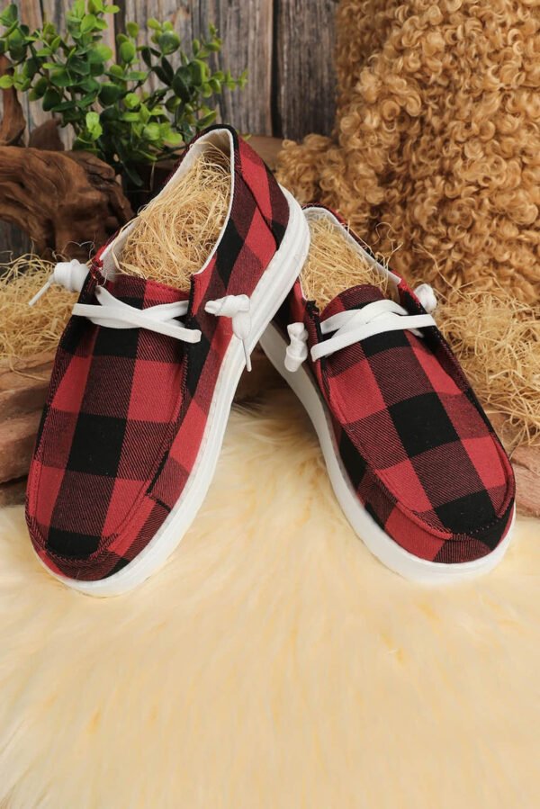 Red Vintage Plaid Lacing Decor Flat Shoes