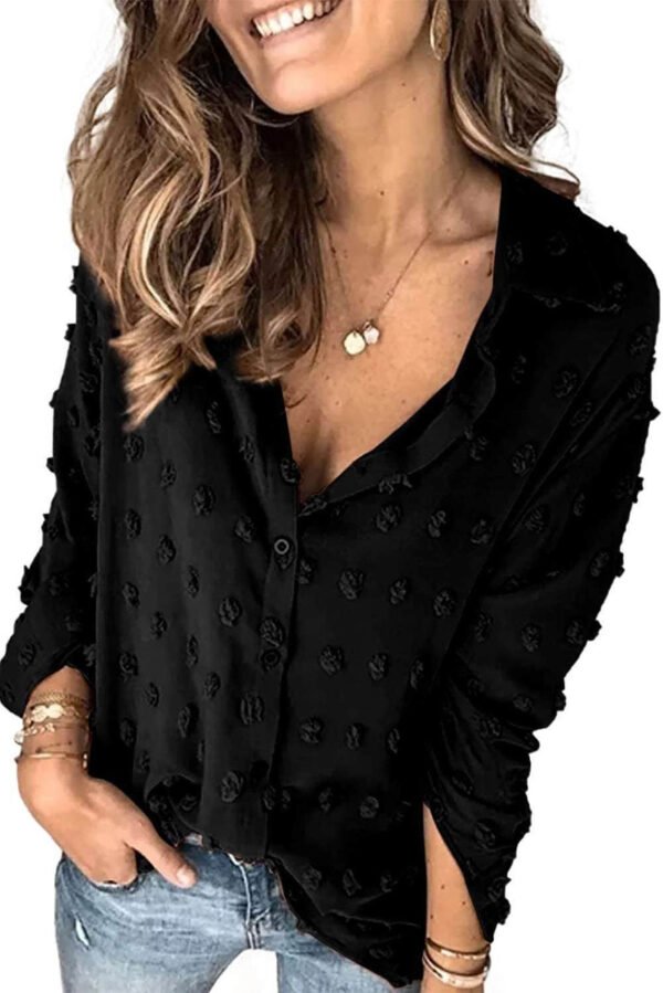 Black Long Sleeve Button Fuzzy Polka Dot Shirt