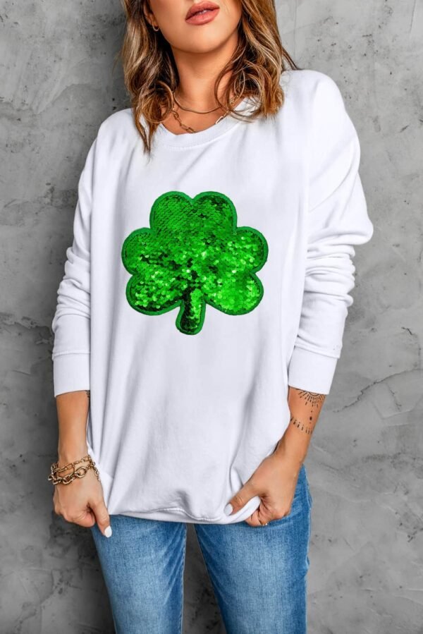 White Sequin Clover Embroidered Drop Shoulder Sweatshirt