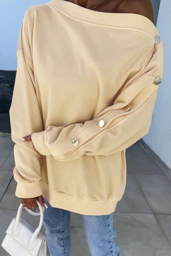 Beige Buttoned Sleeve Dropped Shoulder Sweatshirt