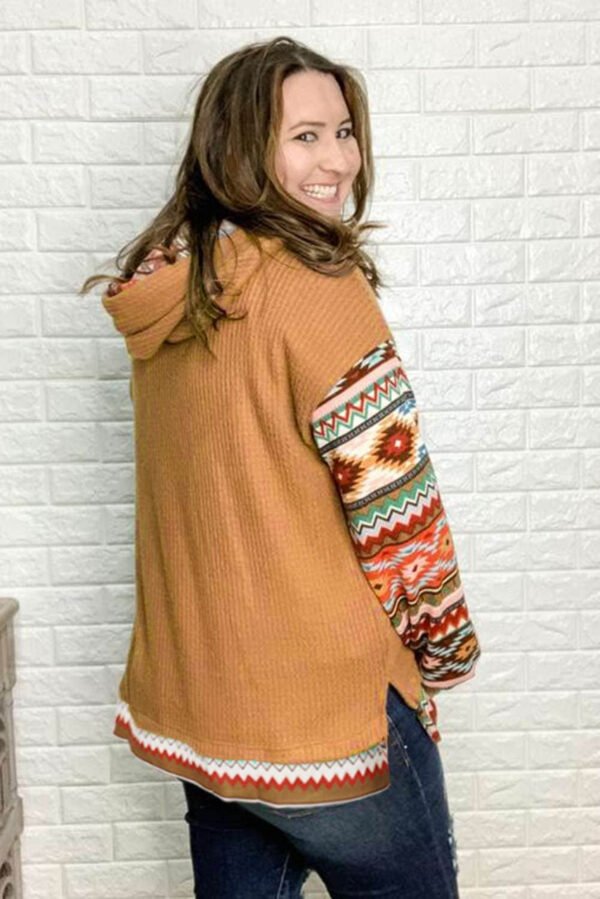 Waffle Texture Aztec Accent Plus Size Hoodie