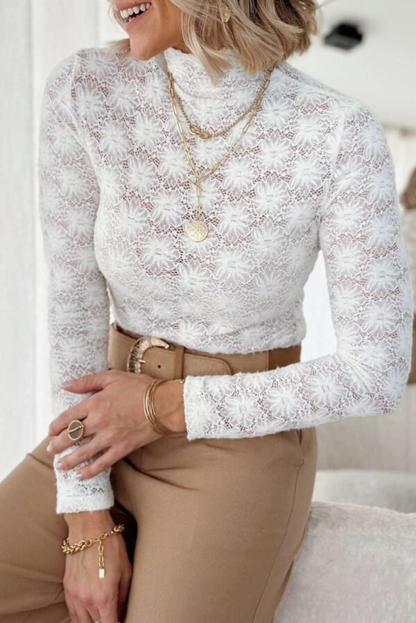 White Floral Lace High Neck Long Sleeve Top