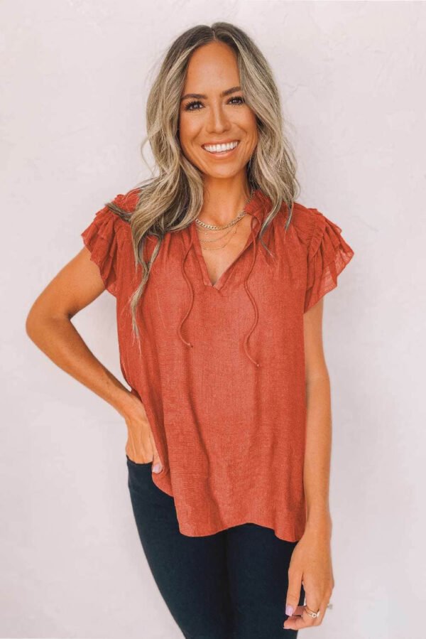 Tiered Ruffled Drawstring V Neck Top