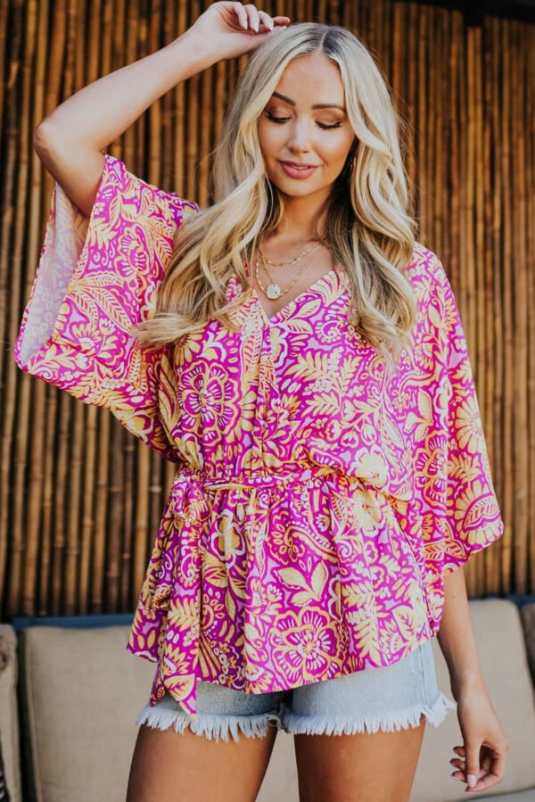 Boho Floral Print Belted Surplice Blouse