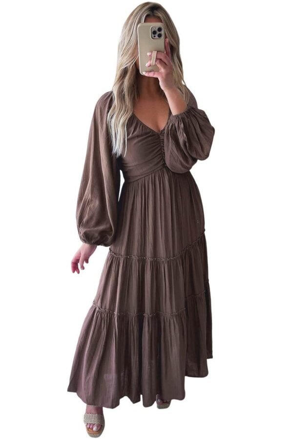 Brown V Neck Bowknot Cutout Frill Tiered Maxi Dress