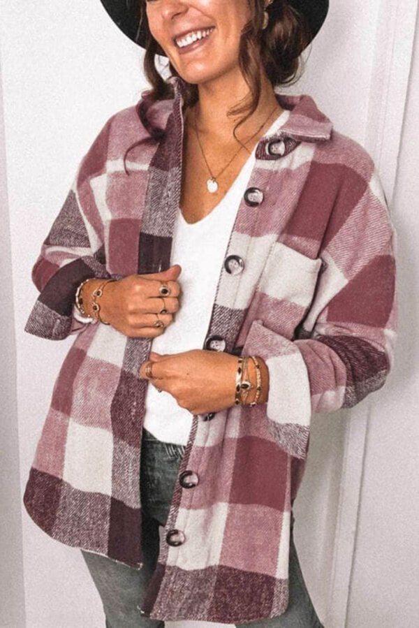 Plaid Color Block Buttoned Long Sleeve Jacket with Pocket