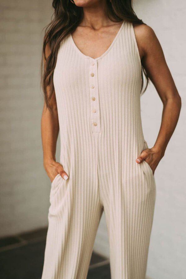 Apricot Sleeveless Buttoned Ribbed Wide Leg Jumpsuit with Pockets