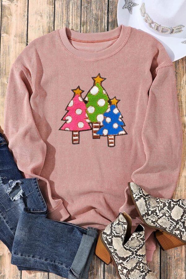 Pink Vintage Wash Sequined Christmas Tree Corded Sweatshirt