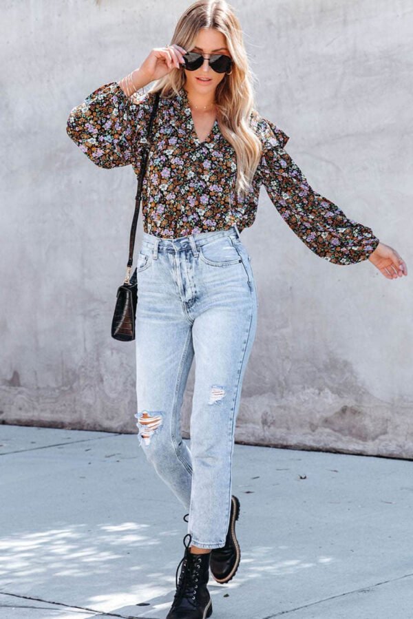 Floral Print Ruffled Bubble Sleeve Shirt