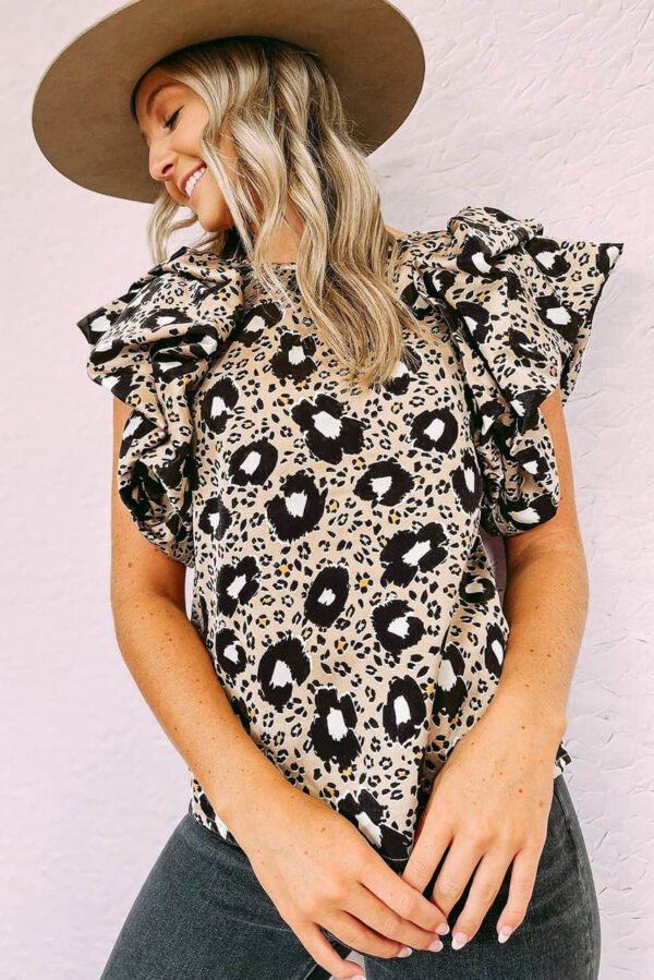 Ruffled Sleeveless O Neck Leopard Blouse