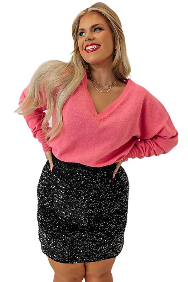 Pink Plus Size Drop Shoulder V Neck Sweater