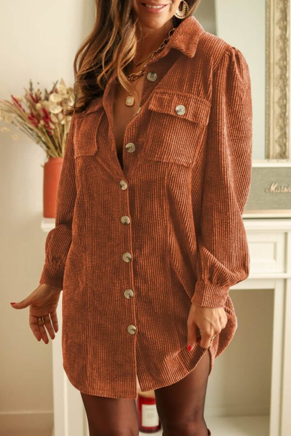 Khaki Corduroy Buttoned Long Sleeve Shirt Dress