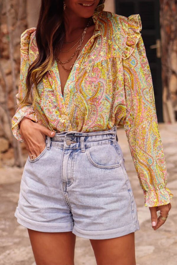 Yellow Paisley Print Ruffled Trim Boho Shirt