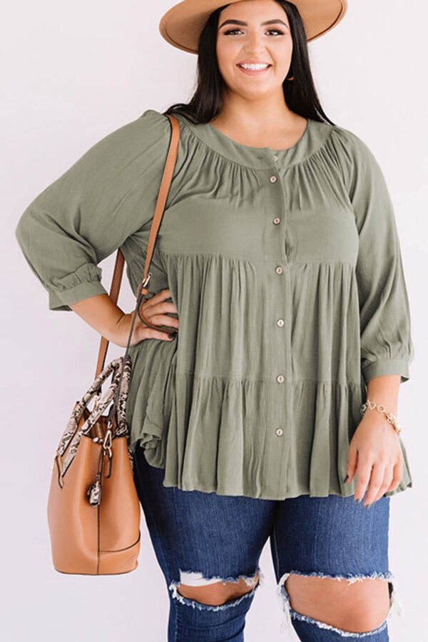 Green Plus Size Ruffle Tiered Split Neck Shirt