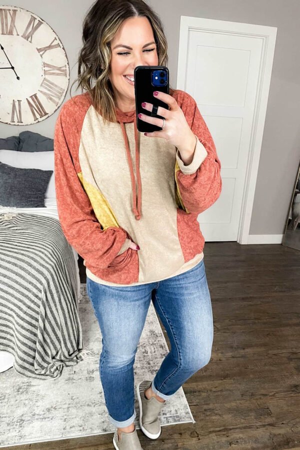 Orange Plus Size Colorblock Raglan Hoodie with Pockets