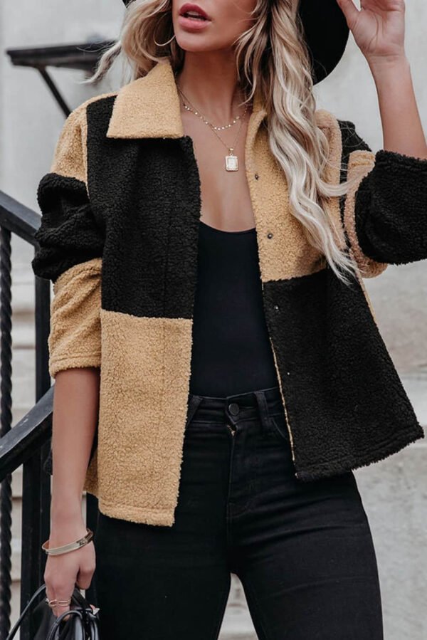 Black Colorblock Checkered Sherpa Jacket