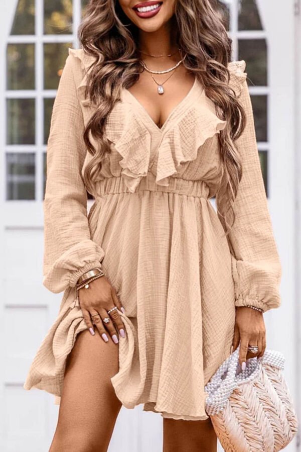 Khaki Textured Ruffled V Neck High Waist Mini Dress