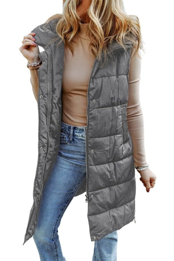 Dark Grey Hooded Long Quilted Vest Coat