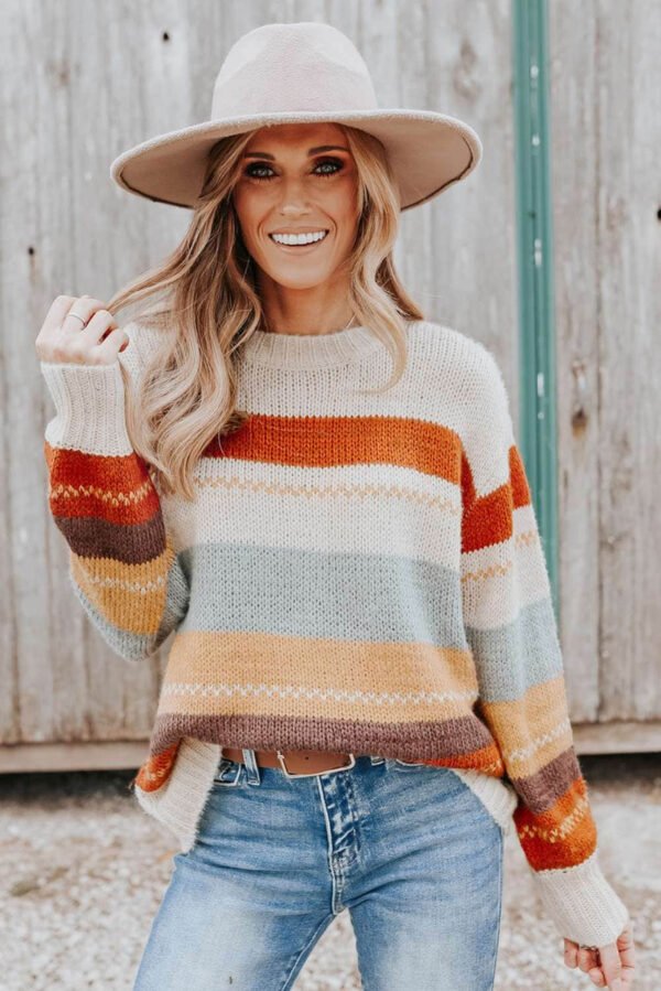 Crew Neck Drop-shoulder Striped Color Block Sweater